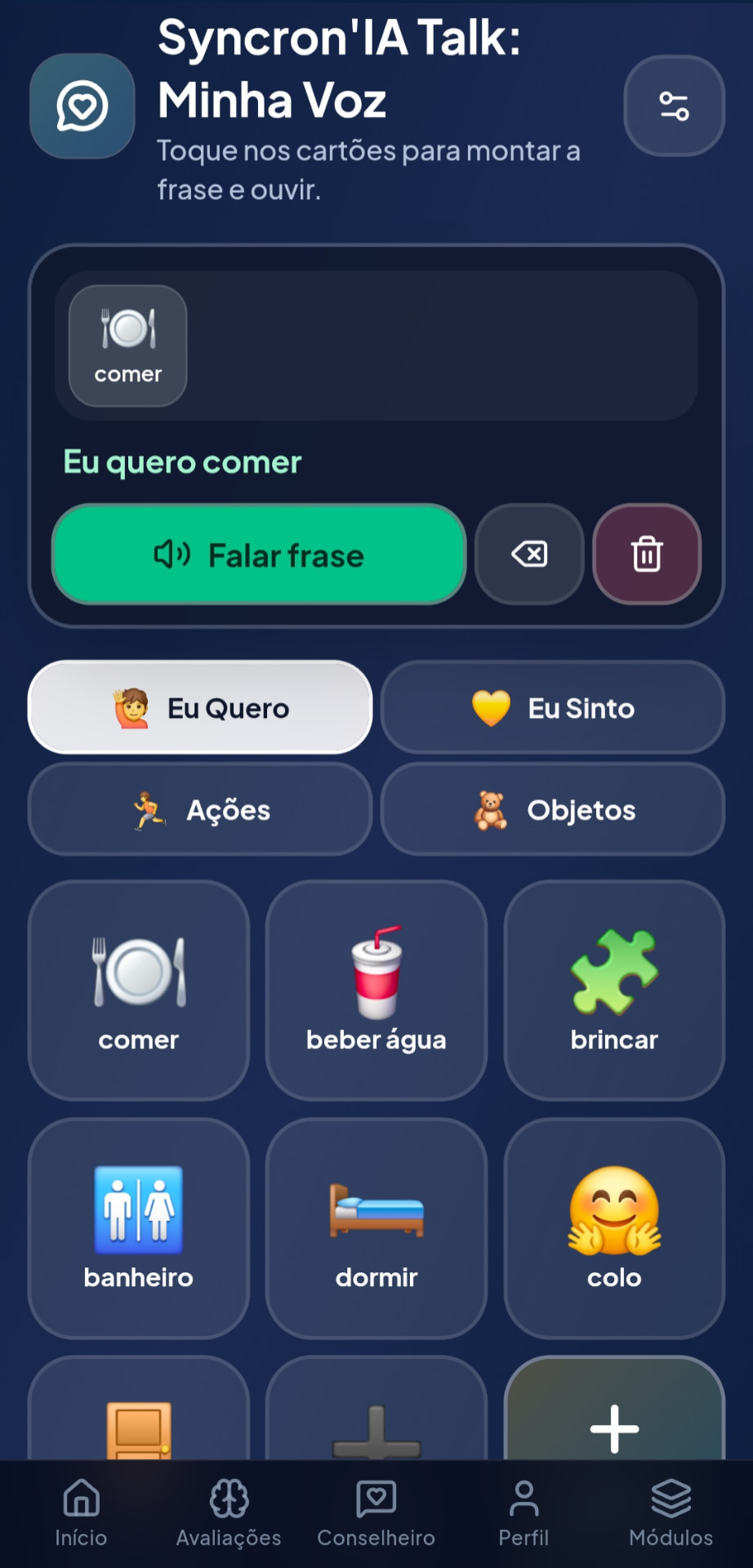 Syncron'IA Talk: Minha Voz — aba Eu Quero com cartões de comunicação