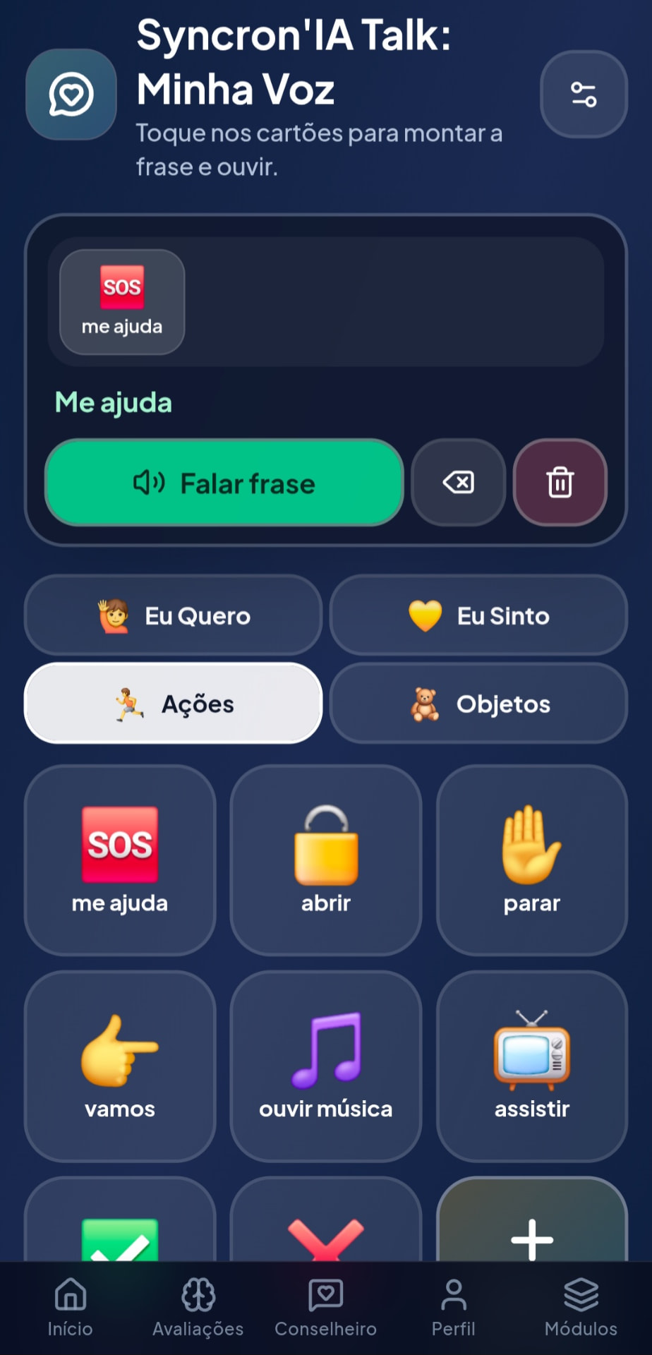 Syncron'IA Talk: Minha Voz — aba Ações com cartões como me ajuda e parar