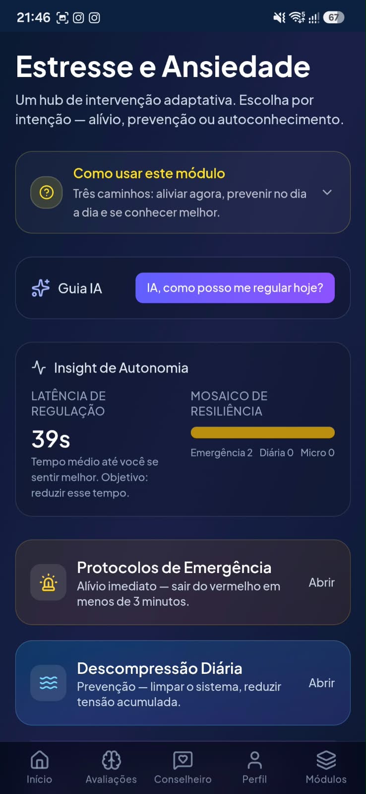 Módulo Estresse e Ansiedade com guia de IA e protocolos de emergência