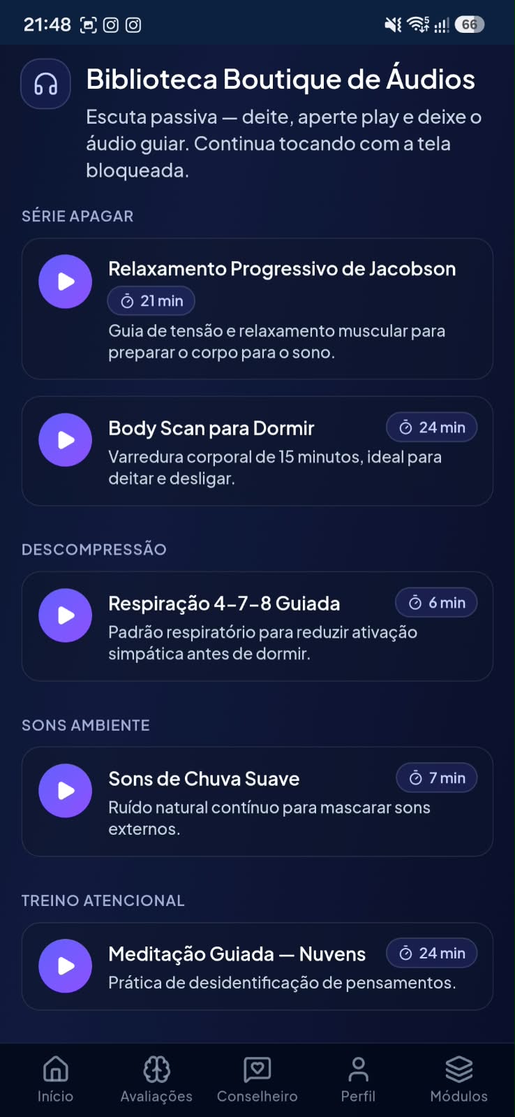 Biblioteca Boutique de Áudios com meditações guiadas e sons ambiente