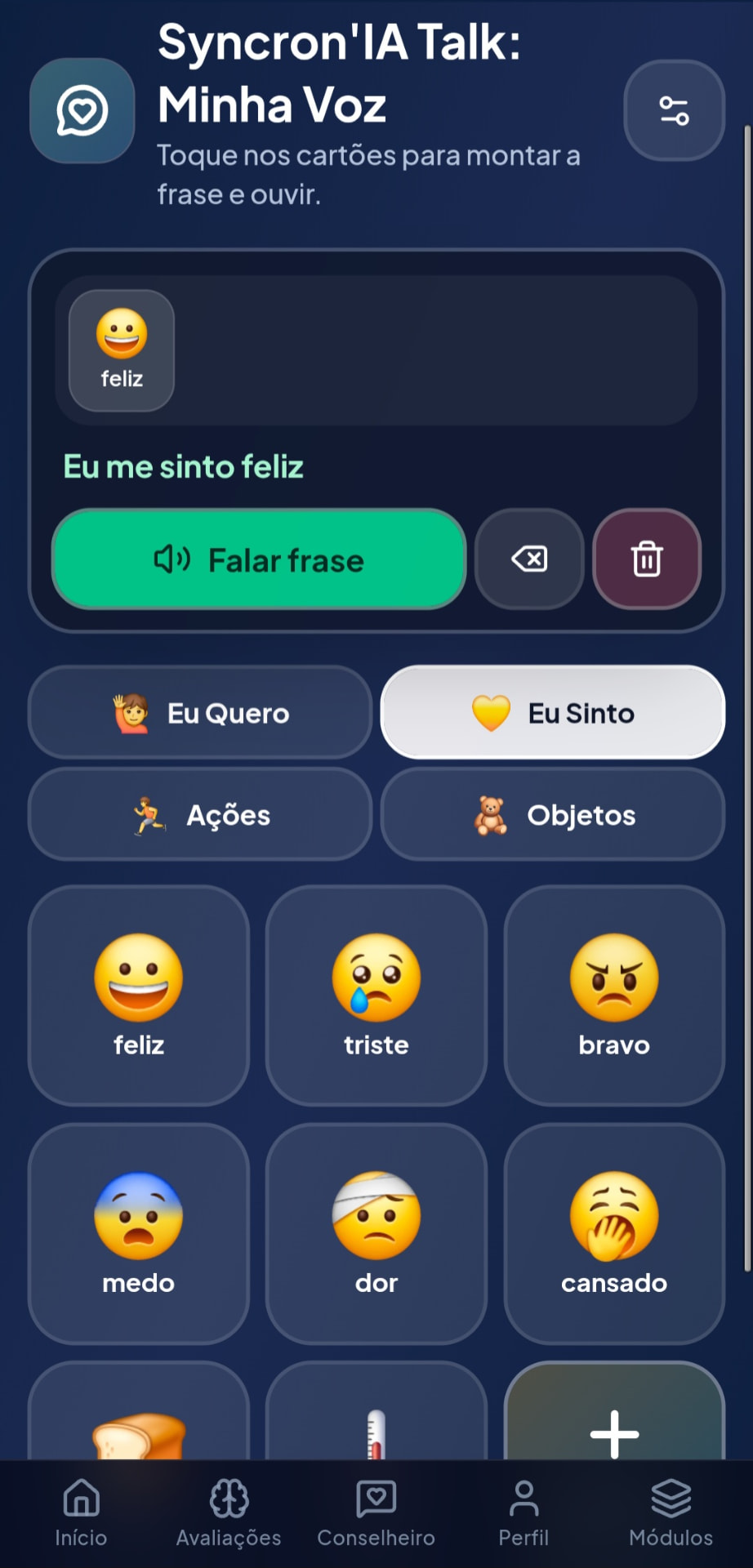 Syncron'IA Talk: Minha Voz — aba Eu Sinto com emoções como feliz e triste