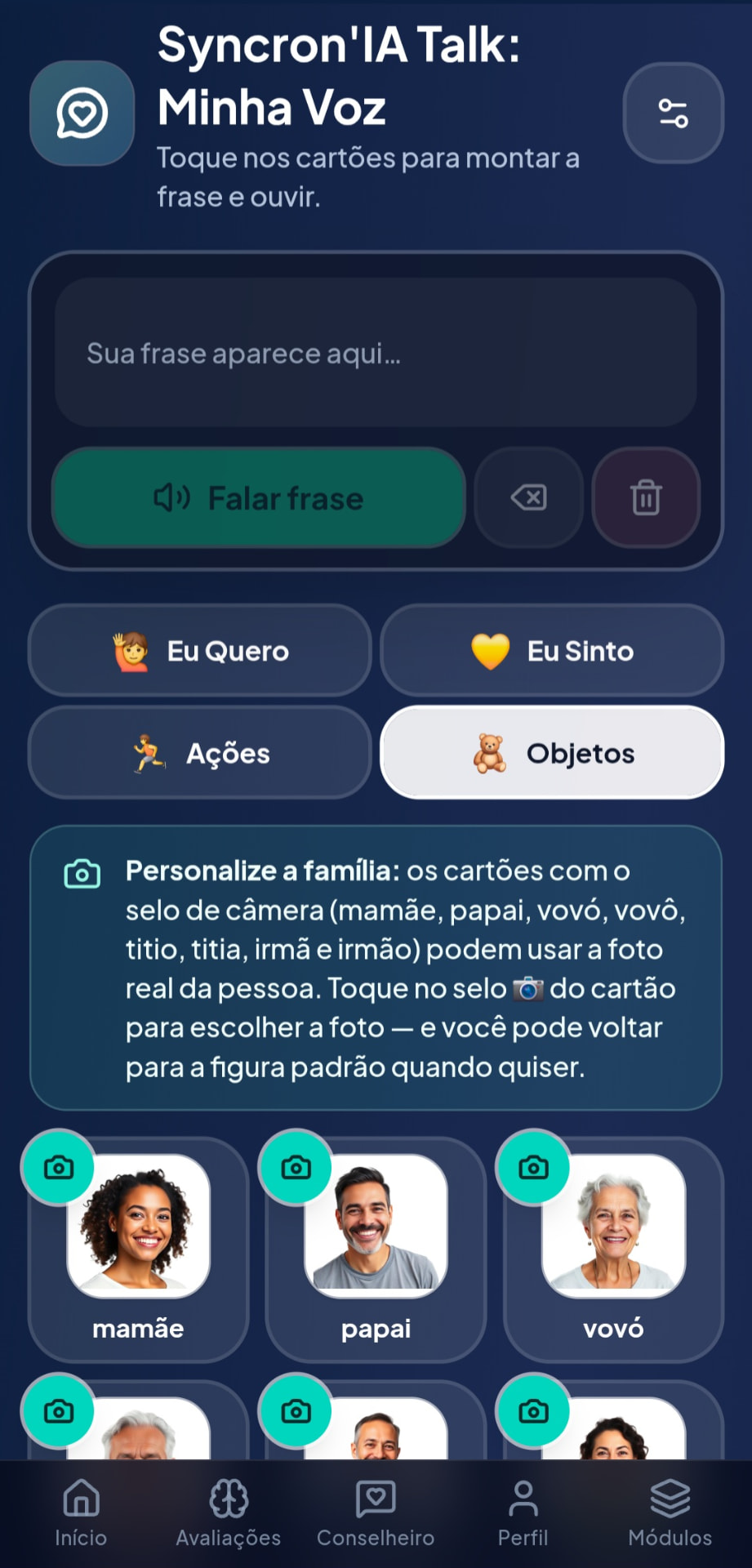 Syncron'IA Talk: Minha Voz — aba Objetos com cartões da família personalizados