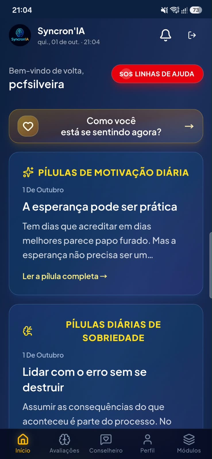 Tela inicial do Syncron'IA com pílulas de motivação e sobriedade